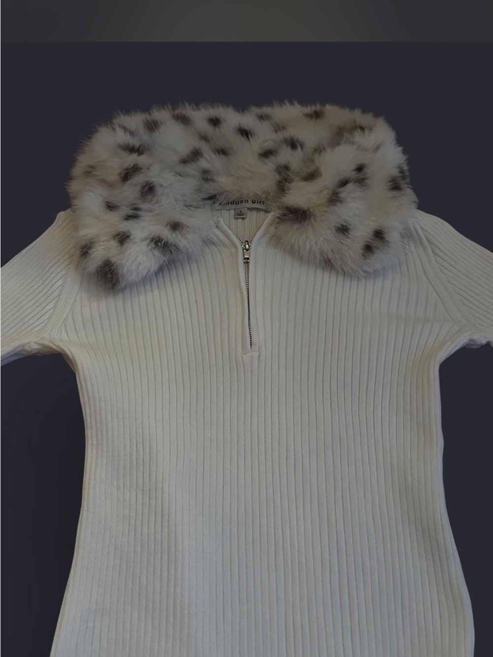 Madden Girl Ribbed Cream Turtleneck Sweater with Spotted Faux Fur Collar